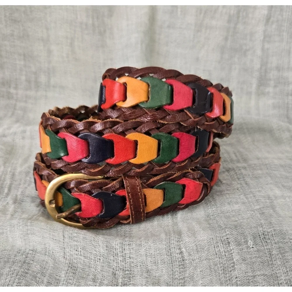 Unique Braided Colorful Men's  Women's Leather Belt with Brass Buckle Size 36